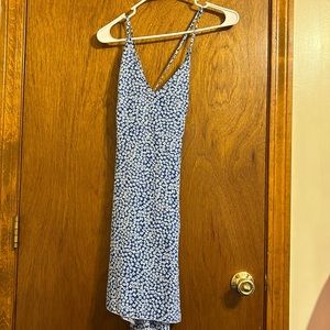 blue and white floral dress with corset back